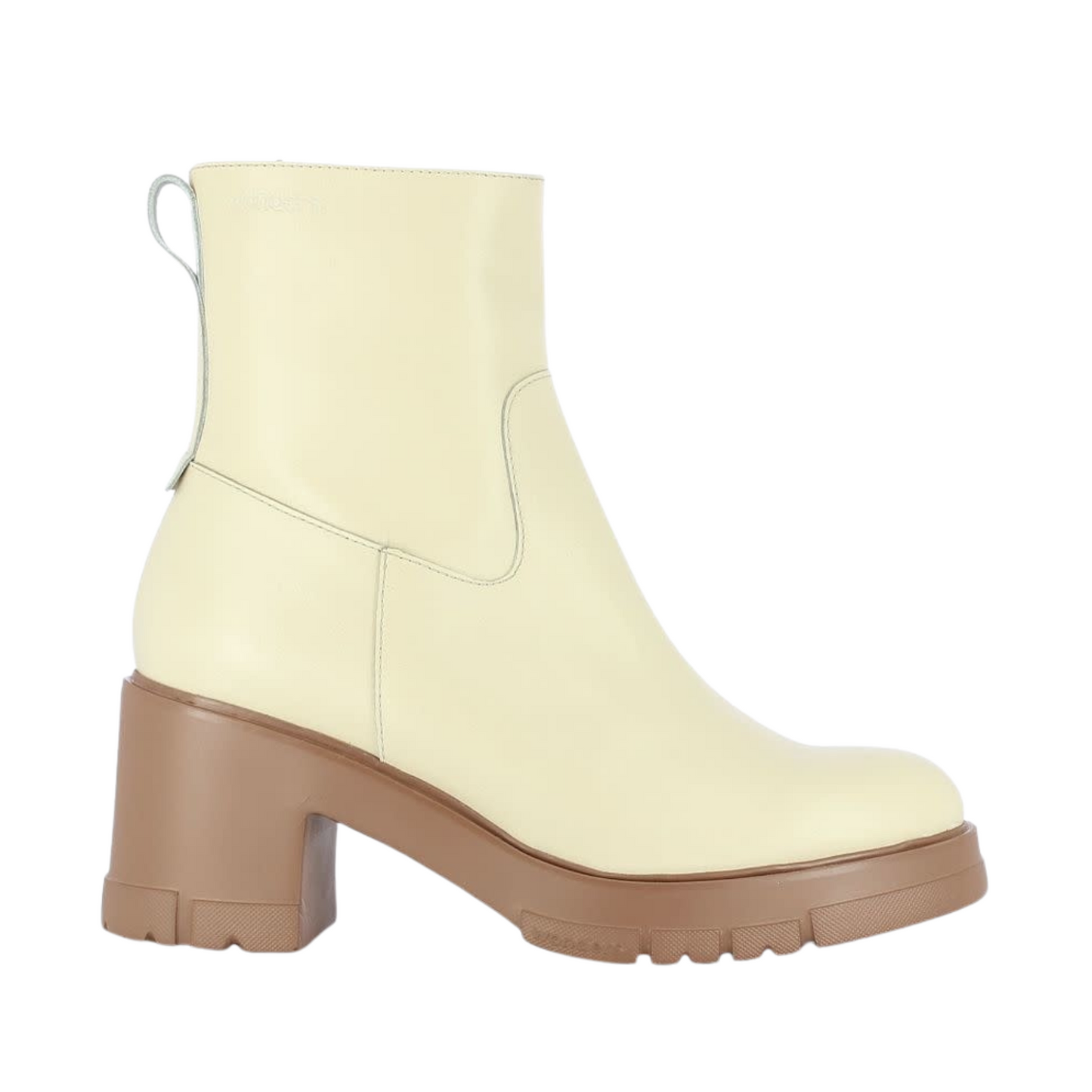 A right side view of a cream coloured leather boot with a caramel coloured outsole.